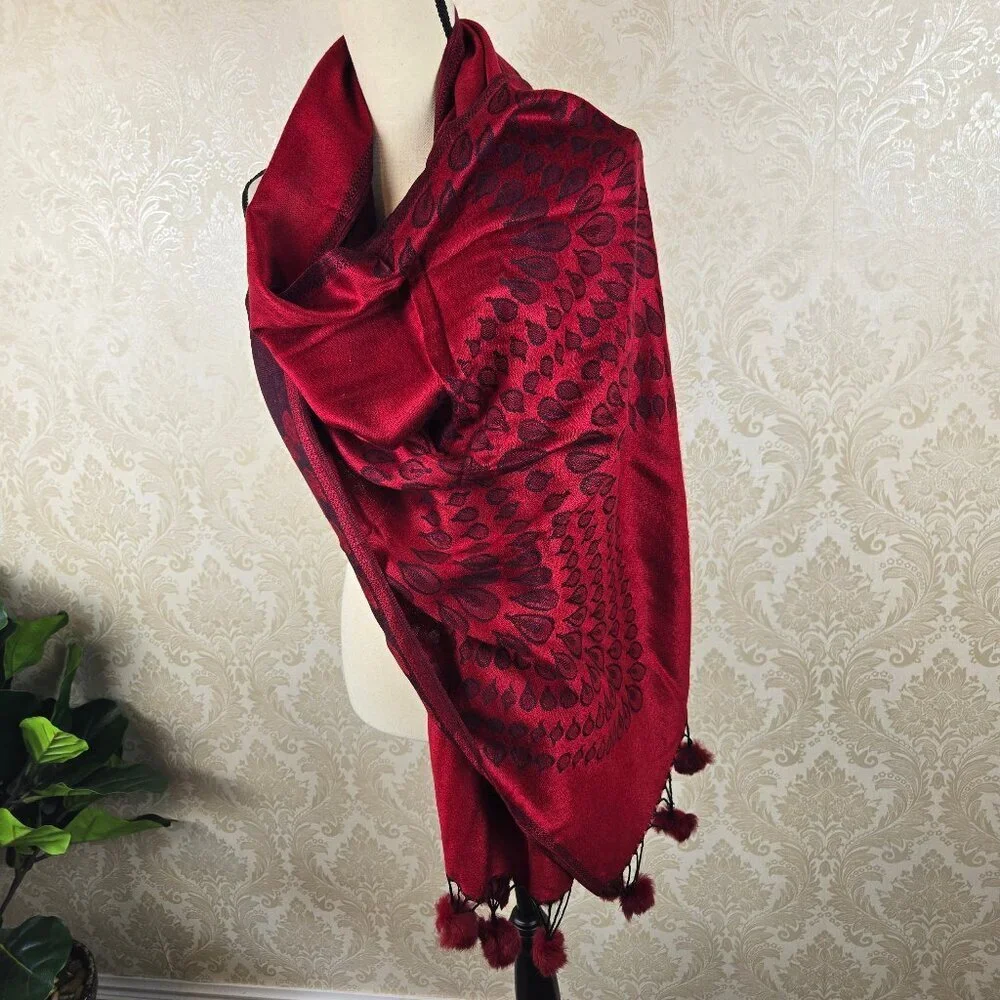 Red and Black Patterned Pashmina Real Fur PomPom Accents at Ends Cozy Warm